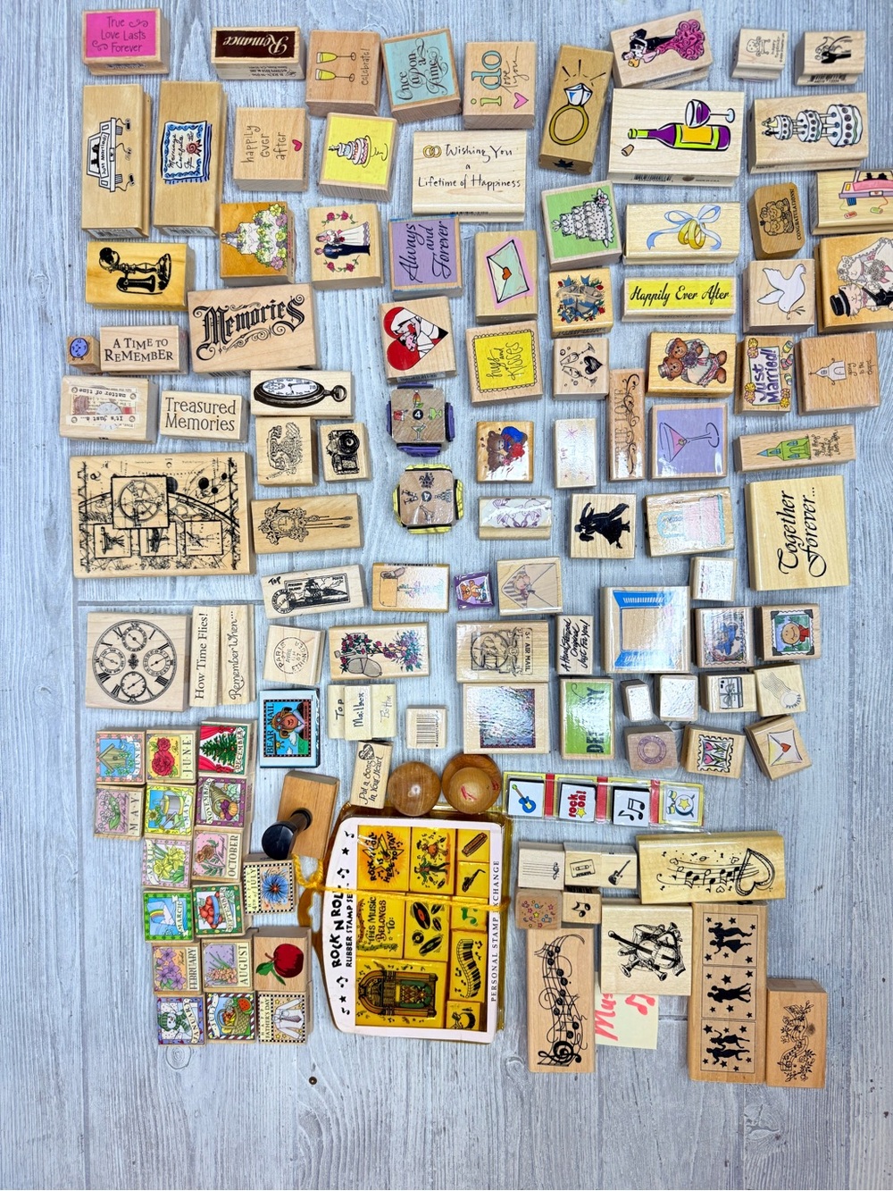 133 mostly wooden rubber crafting stamps scrapbooking month , love , mail , time